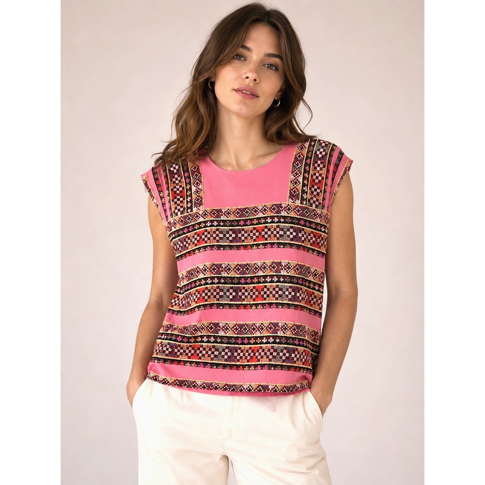 Maje E15 Lettre Top Size 1 US 4 Linen Silk Coral Pink Geometric Print Blouse
